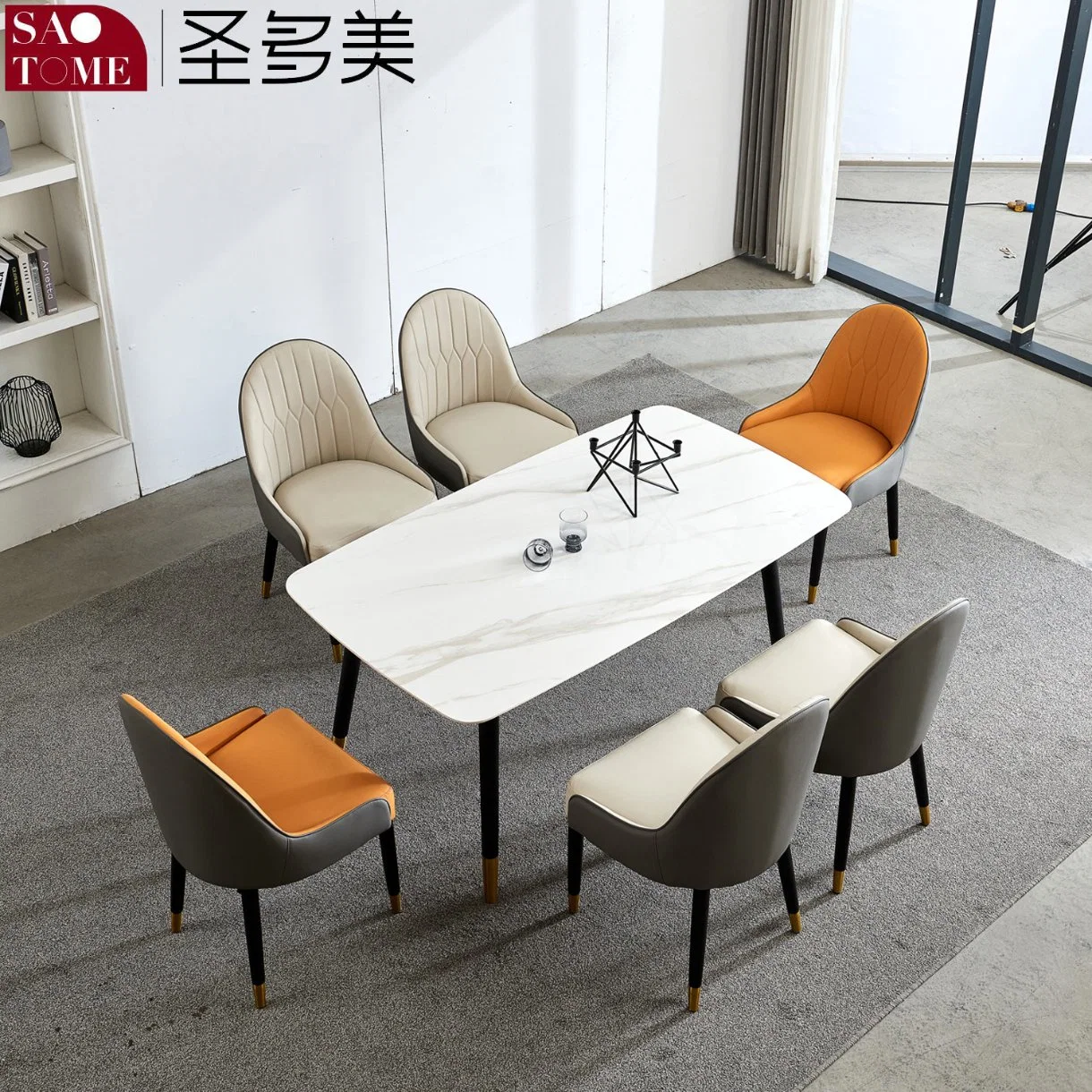 Modern Rock Board Furniture White Wax Wood with Copper Set Dining Table