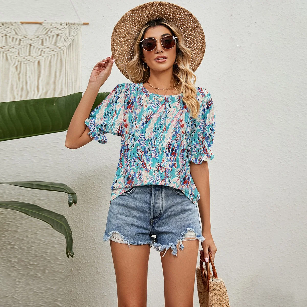 Europe and The United States Women's Clothing Amazon Summer New Floral Top Women 2023 Loose 100 Match Round Neck Pullover T-Shirt