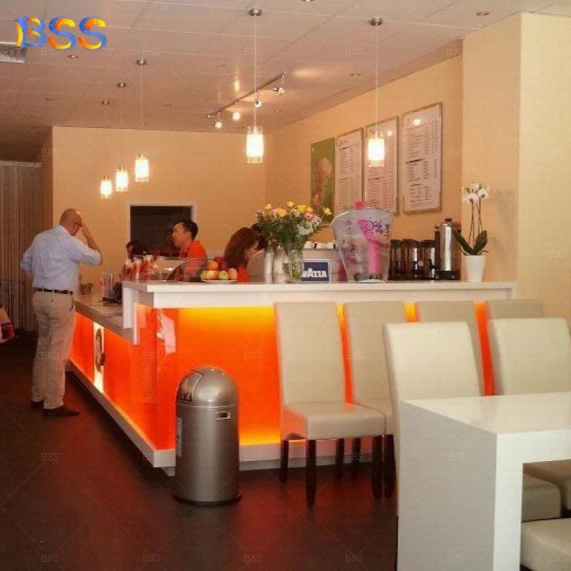 Fancy Restaurant Reception Counter Table Design Customized L Shape Orange Light Fast Food Restaurant Counter Table