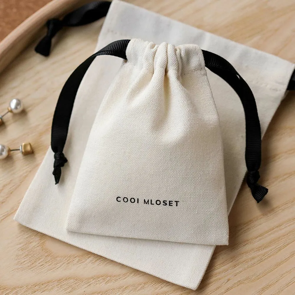 Custom White Canvas Jewelry Packaging Bag Mini Dust Gift Bag Ribbon String Pouch