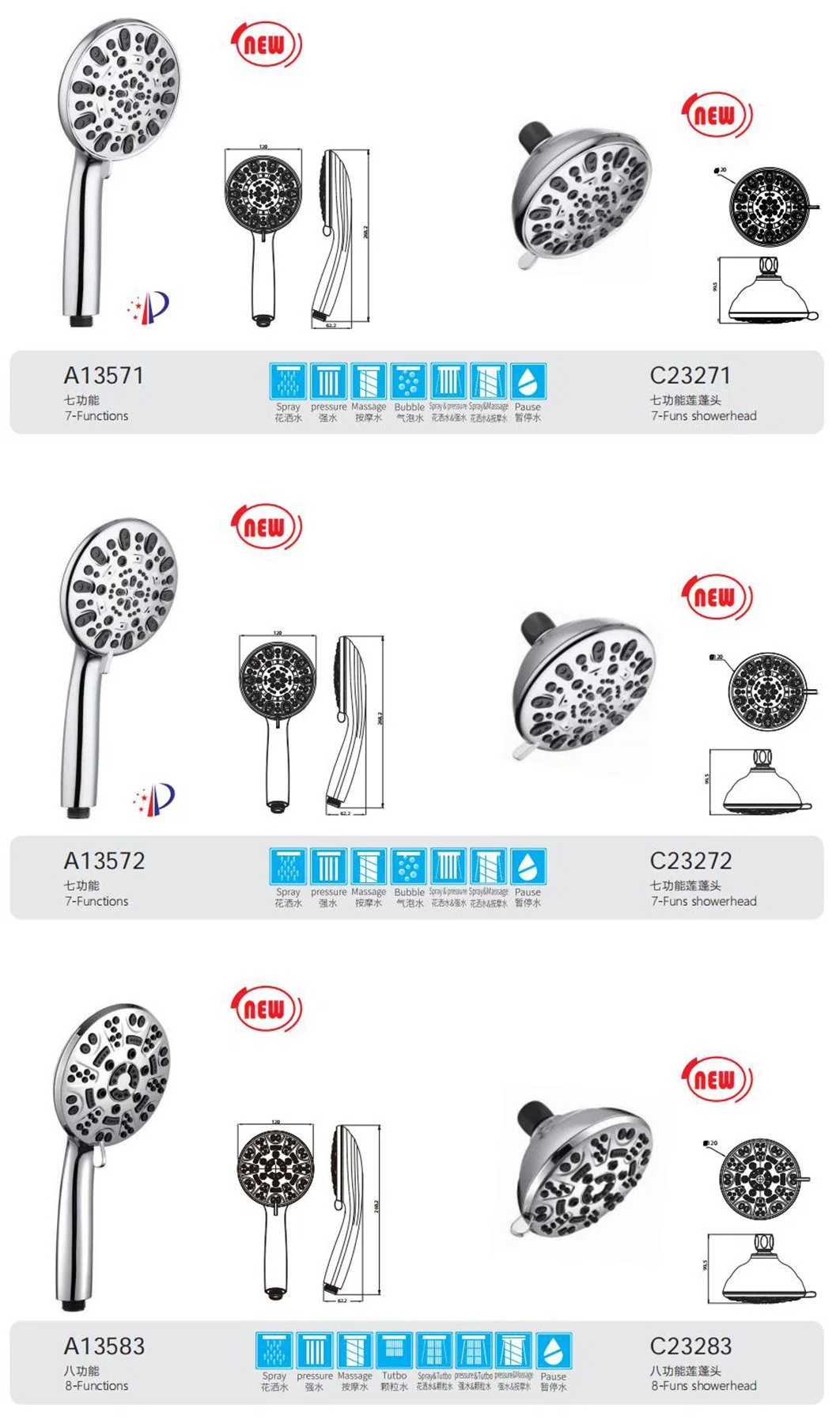 8 Positions Functions Bathroom Accessories Sanitary Ware American Style Shower Head Handheld Shower Hand Shower American Shower