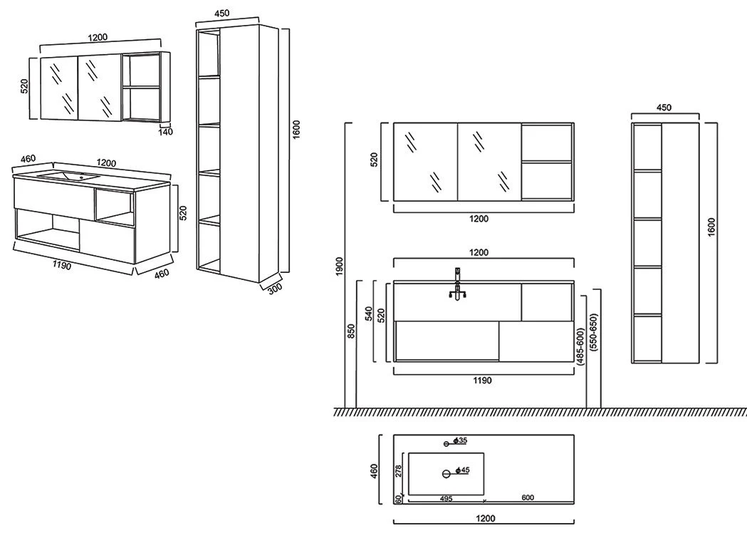 Colgado en la pared de 120 cm de tocador cuarto de baño Muebles de baño con lavabo 1