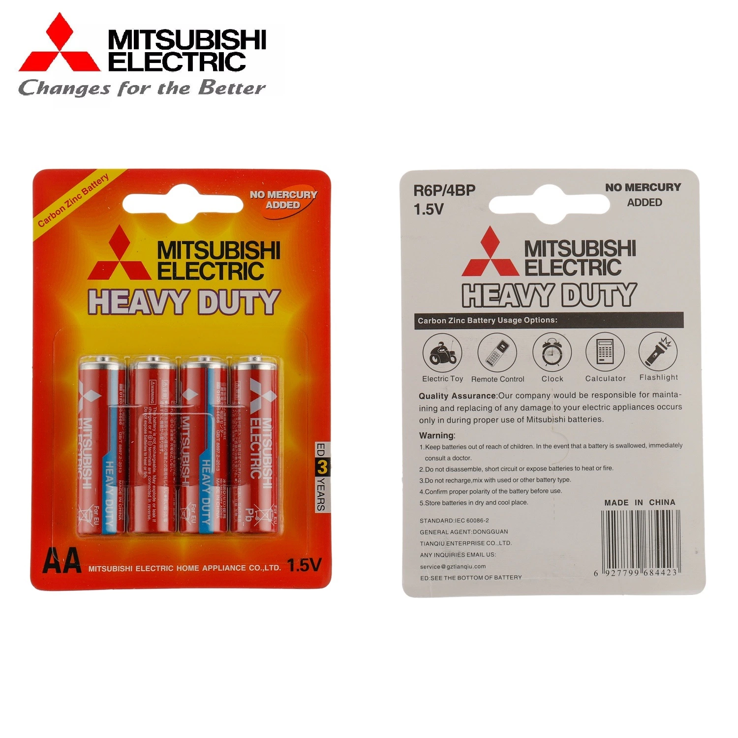 Factory de piles sèches Mitsubishi R6 Heavy Duty AA 1.5V Carbon Zinc