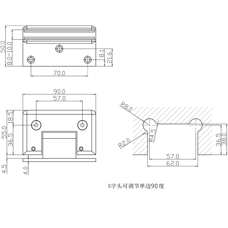 Top Selling Bevel Edge Brass Adjustable 90 Degree Mirror Metal Heavy Duty Cabinet Glass Door Shower Hinge