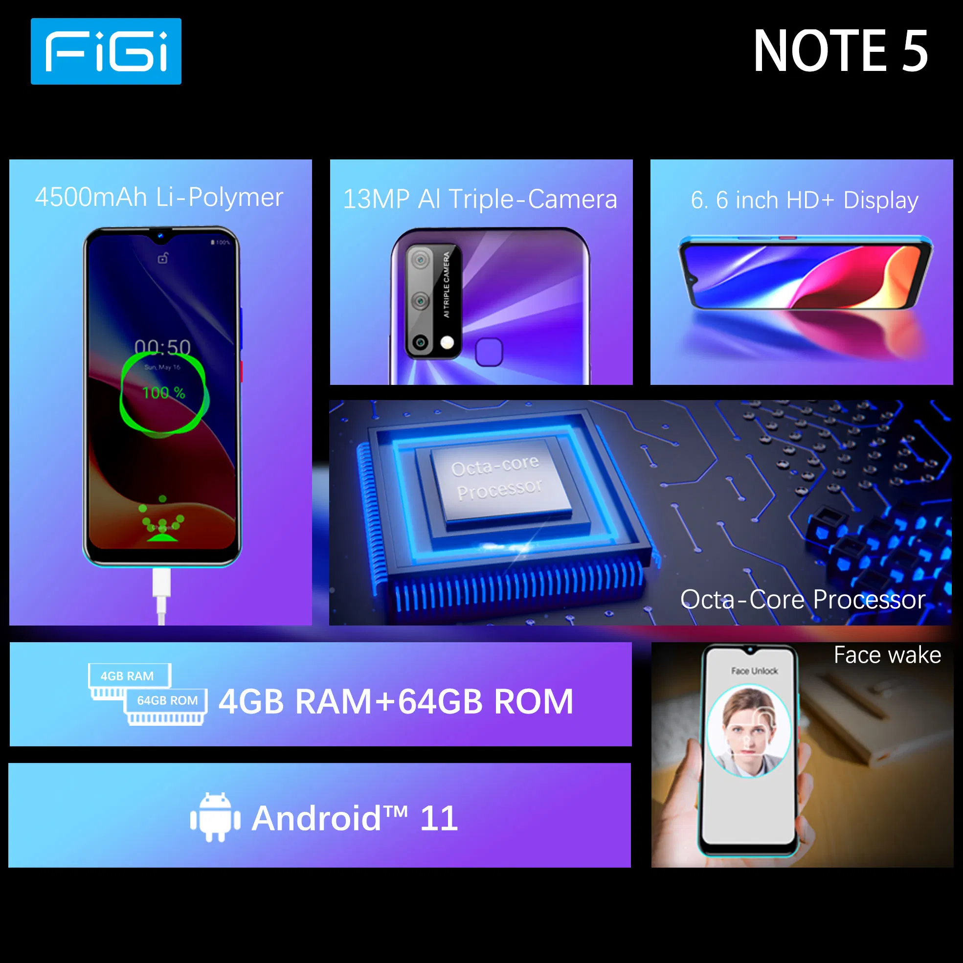 Figi Note 5 Cell Phones 4GB 64G Smartphone Android Octa-Core 6.6 Inch HD+ Displays 4500mAh 13MP Cameras Mobile Phones