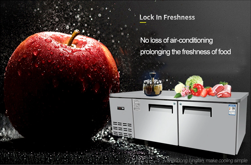 Cocina de acero inoxidable pantalla comercial Freezerable contador en el congelador 2 puertas de la Mesa Contador congelador con backsplash
