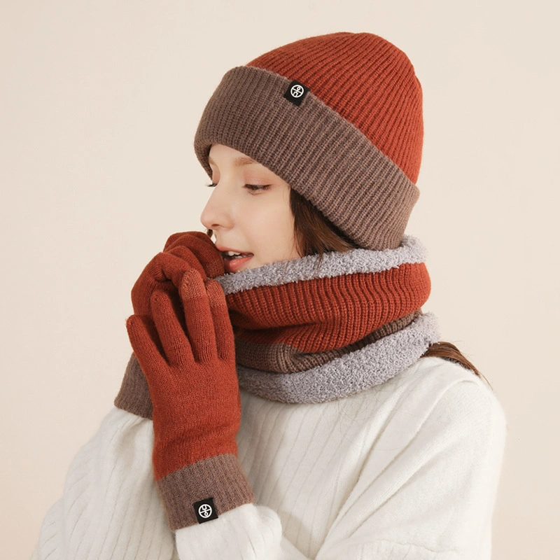 Winter Unisex Striped Knitted Rib Plain Hat Gloves Scarf Set