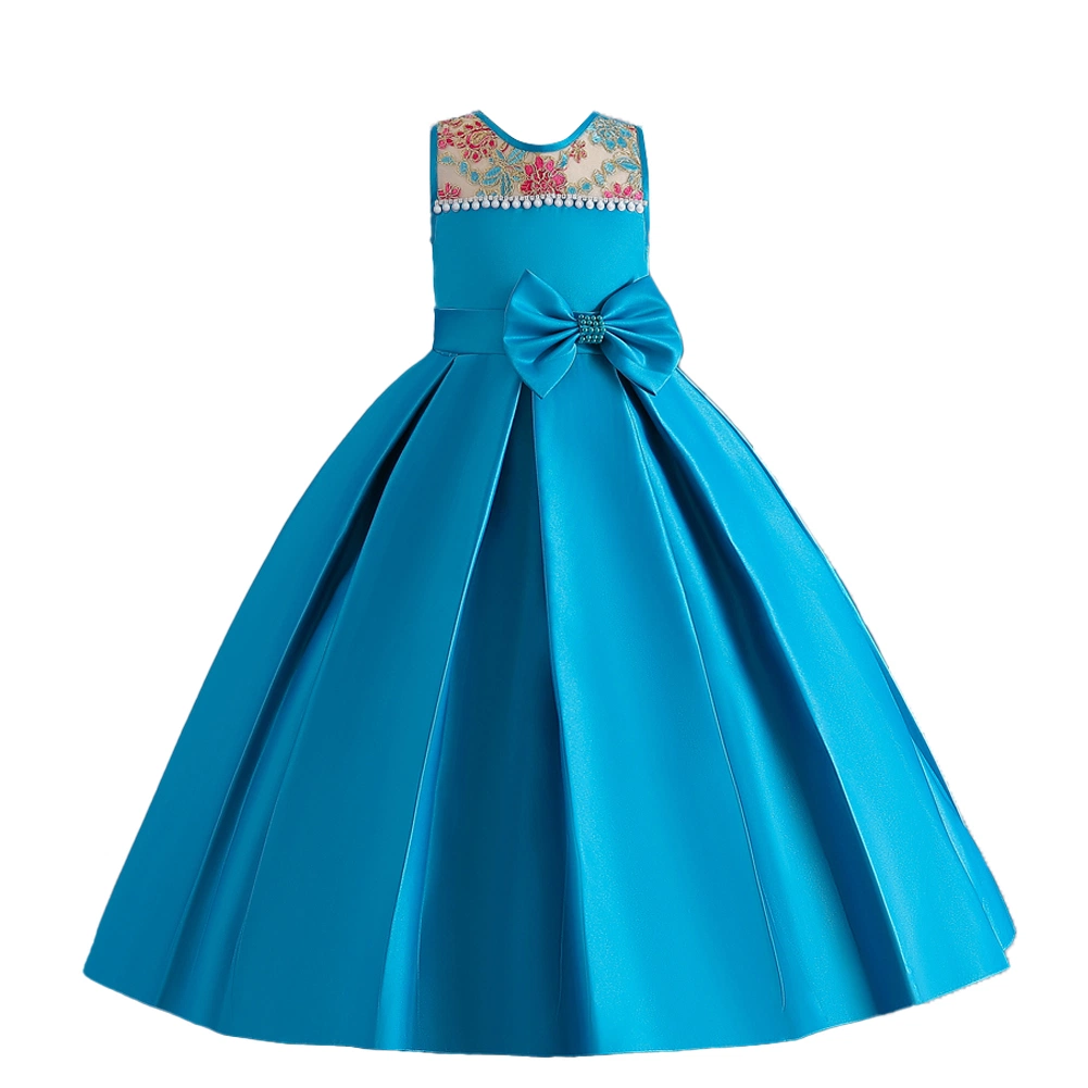 Novos filhos's Princess Roupas de estilo da menina Bow Bordados Desgaste com Filete Fase vestido de desempenho