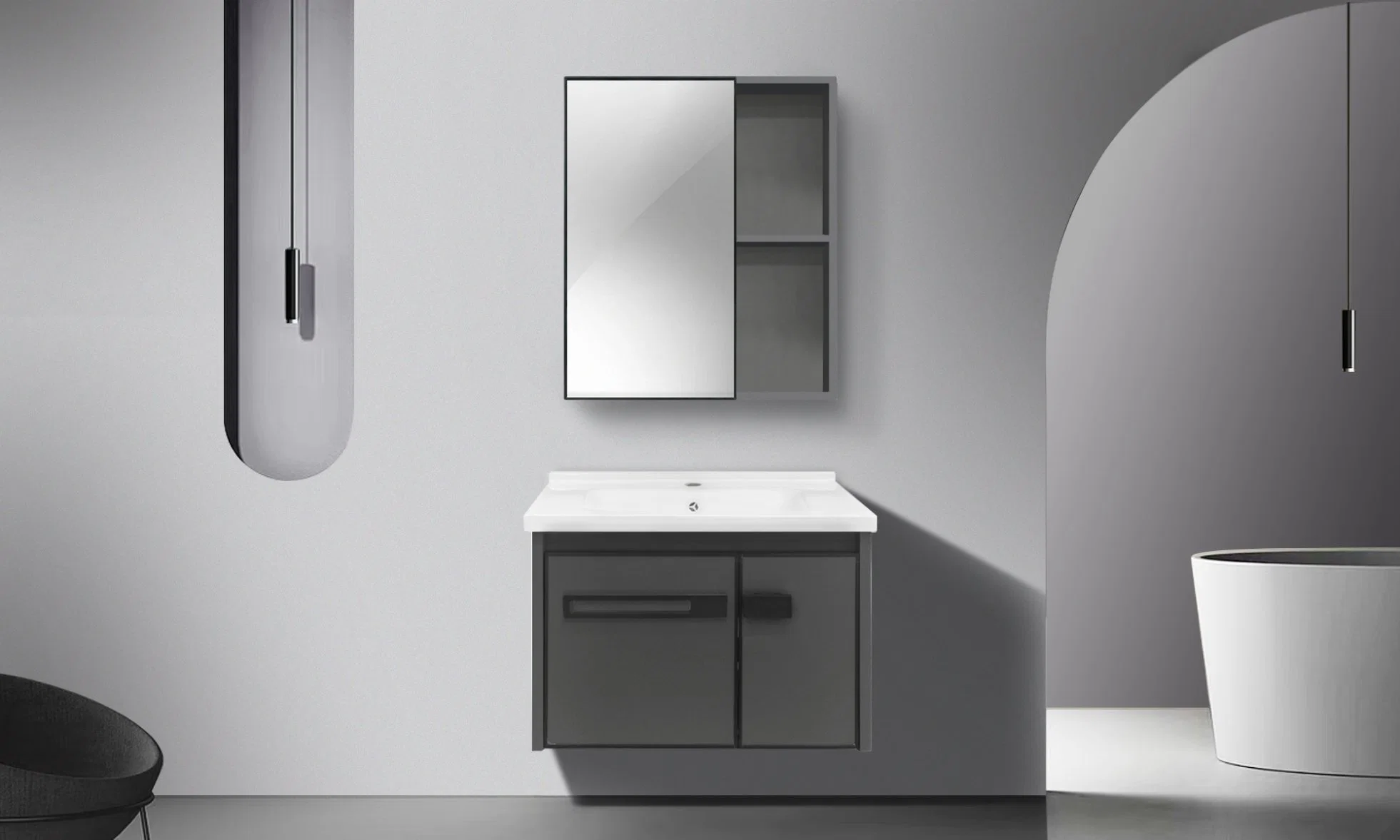 Aluminio aleación Decorativa Negro mate pared montado impermeable tocador de baño Armario espejo con fregadero