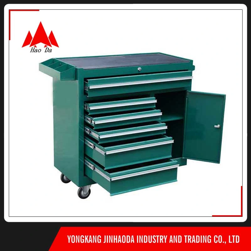 Green Large Capacity 6 Drawers Storage Metal Tool Trolley with Door