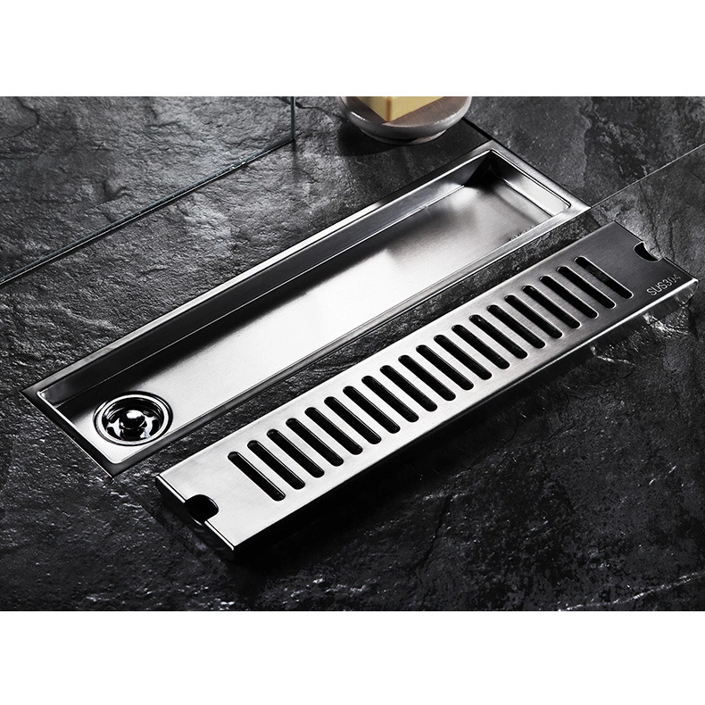 40*10cm SUS304 Stainless Steel Rectangular Floor Drain Thickening Project Hotel Shower Room Large Displacement Side Row Stripe Shape Odor Proof Floor Drain