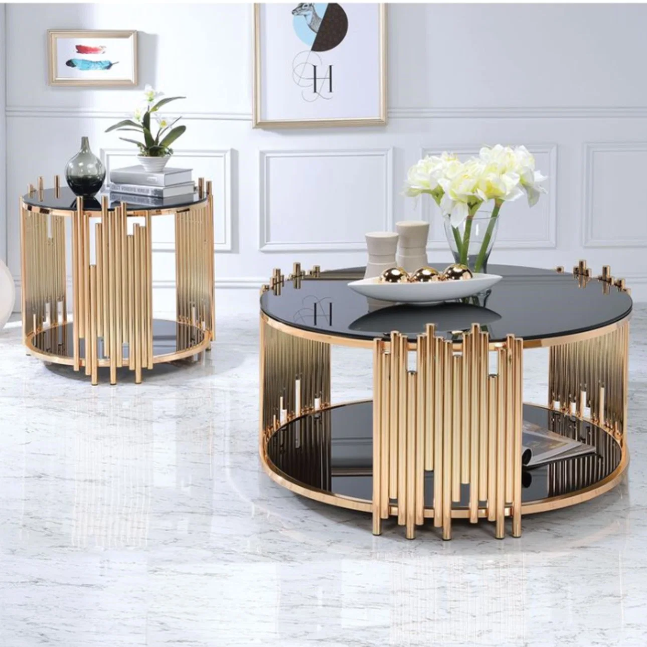 Design moderno em aço inoxidável de ouro de luxo sala de estar móveis domésticos topo de vidro preto Centro Redonda mesa de café
