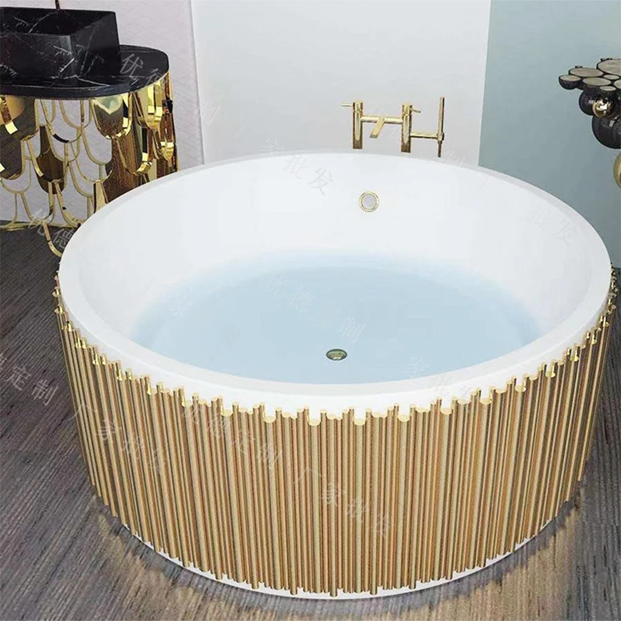 Luxusklasse Gold Edelstahl Rahmen Freistehende Acryl Weiß Runde Badewanne Moderne Badezimmermöbel