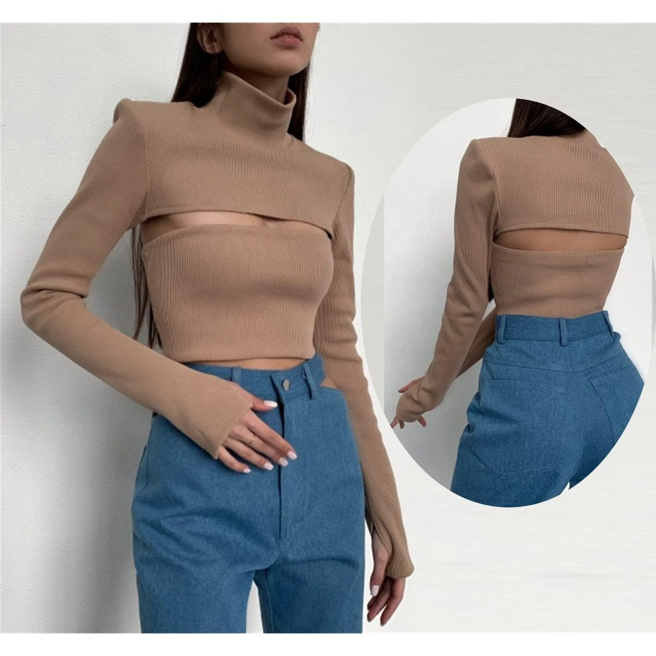 Manga comprida de cano alto canelado Custom Tops Hollow out Crop Top Two Piece Set Girl Sexy Knitted Sweater Women