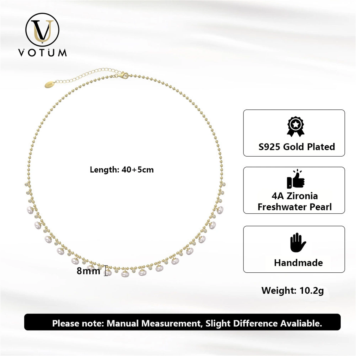 Votum OEM 925 Sterling Silver Gold Plated Chinese Freshwater Pearl Cubic Zirconia Necklace Jewelry