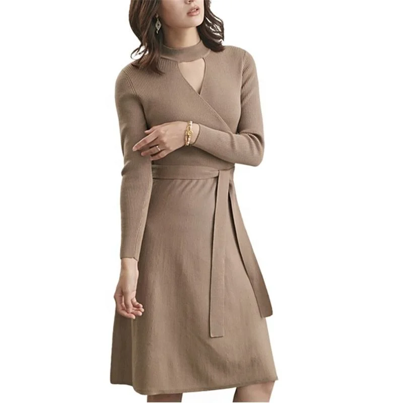 2023 OEM Knit Cotton Cashmere Long Sleeve Fitted Cut out V Neck Knitted Lady Sweater Dress
