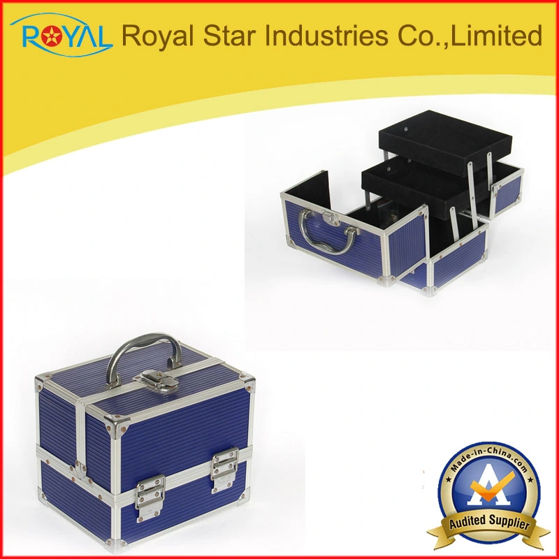 Large Double Open Aluminum Frame with Blue Stripes ABS Make-up Case