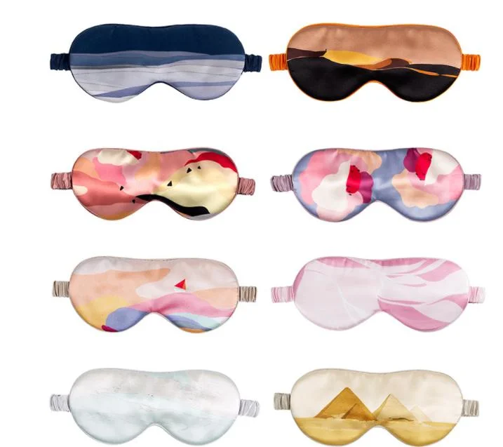 Color al por mayor Impreso Luxury Eye Mask Silk Eyeshade Soft Eye Máscara para dormir para viajar