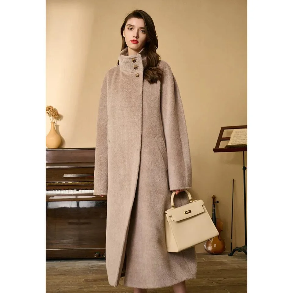 Winter Mongolian Cashmere Overcoat Luxury Ladies Long Alpaca Wool Trench Coat Women 100% Wool Cashmere Handmade Coat for Women