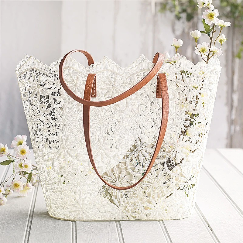 Women Lace Tote Bag with Leather Handdles