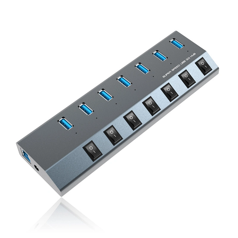 Vertikaler USB 3,0-Hub aus Aluminium mit 7 Anschlüssen und individueller ein-/Ausschaltung Switch USB Splitter Adapter Kabel Schnellladung 20V/4A