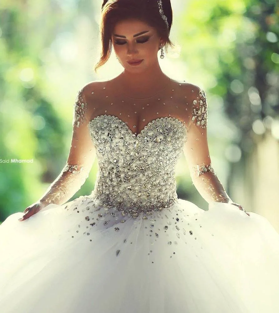 Crystal Bridal Ball Gowns Long Sleeves Beading Arabic Wedding Dress Z2016
