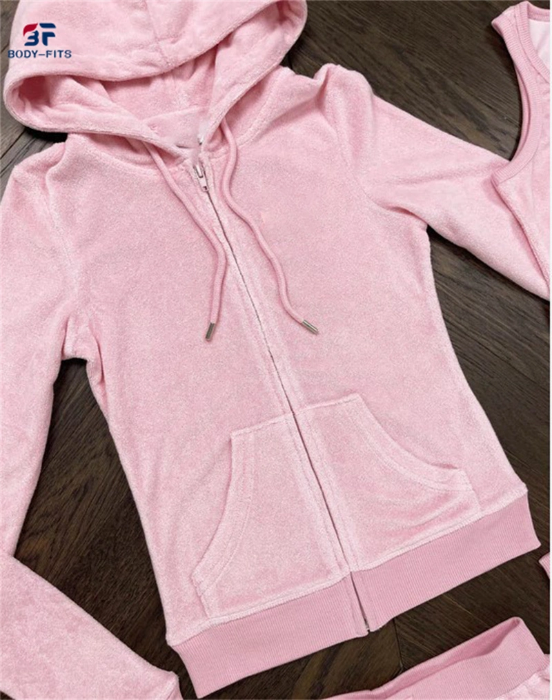 El otoño de dos piezas 2022 Terry toalla Bodysuit Streetwear emparejador de Mujeres Rosa llano Juego de arriba sudadera y pantalón Zip Establecer Sweatsuit