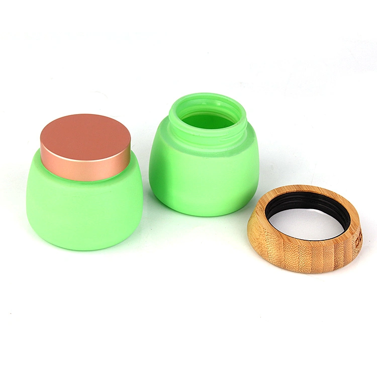 Luxury Beauty Cosmetic Packaging Container 120ml 4oz Green Facial Mask Cream Glass Jarwith Bamboo Wooden Lid