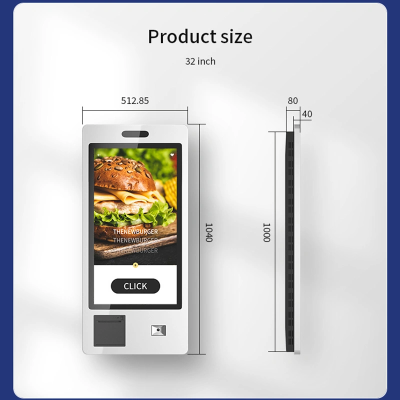 Sistema de encomenda de alimentos de terminal pos personalizado montado na parede de 32 polegadas Quiosque do serviço de autopagamento no ecrã de toque