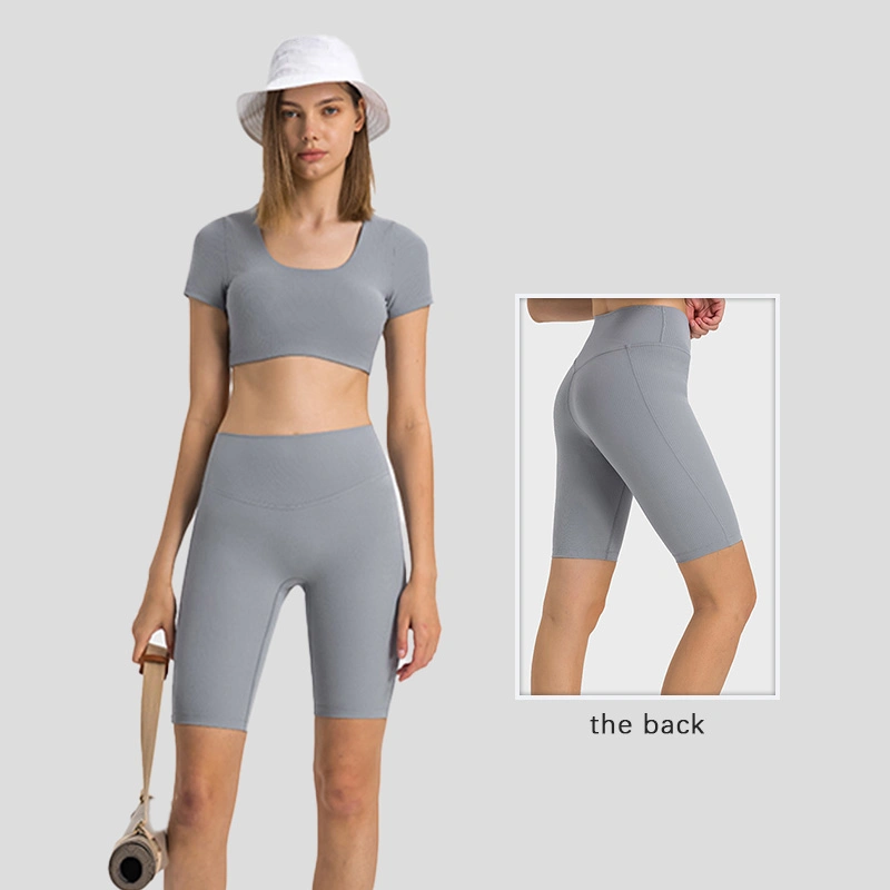 Dk377 estriada Drawstring la conformación de cintura alta Peach Butt ejercicio Leggings corriendo al aire libre Gimnasio Yoga pantalones cinco puntos de la mujer