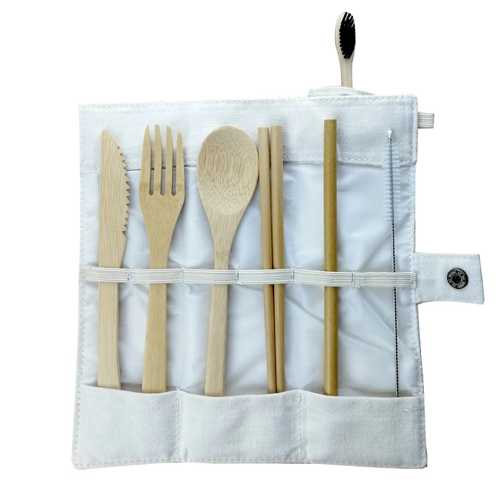 Aveco Lightweight Bamboo Travel Cutlery Set with White Buckle Double Pocket Bag