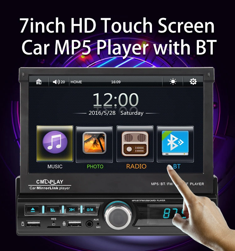 Pantalla táctil retráctil universal de 7" DIN MP5 Bt FM RDS Aux Stereo Radio reproductor de auto autoradio