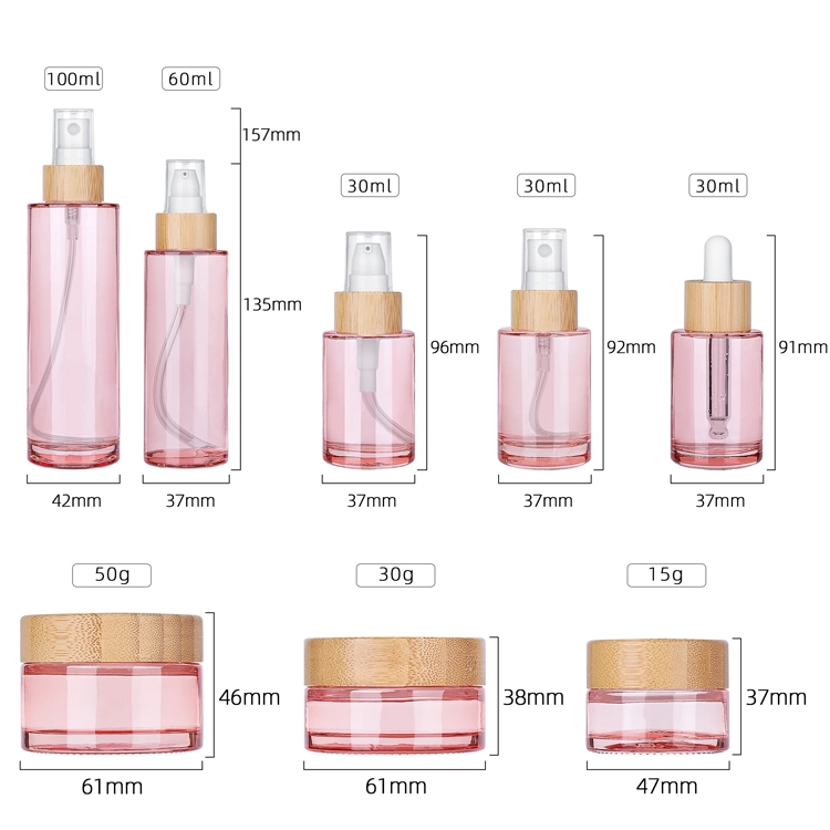 15g 30g 50g 30ml 60ml 100ml Pink Bamboo Wooden Skincare Cream Jar Spray Dropper Lotion Pump Glass Packaging Cosmetic Bottle Set