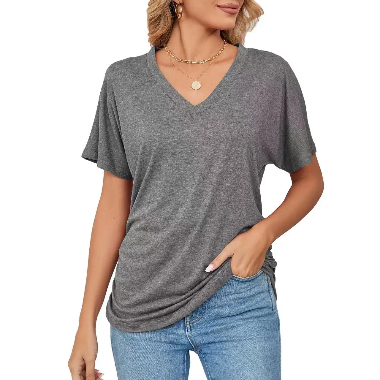 Summer New Casual Pullover V-Neck Solid Color Loose T-Shirt Ladies Blouse