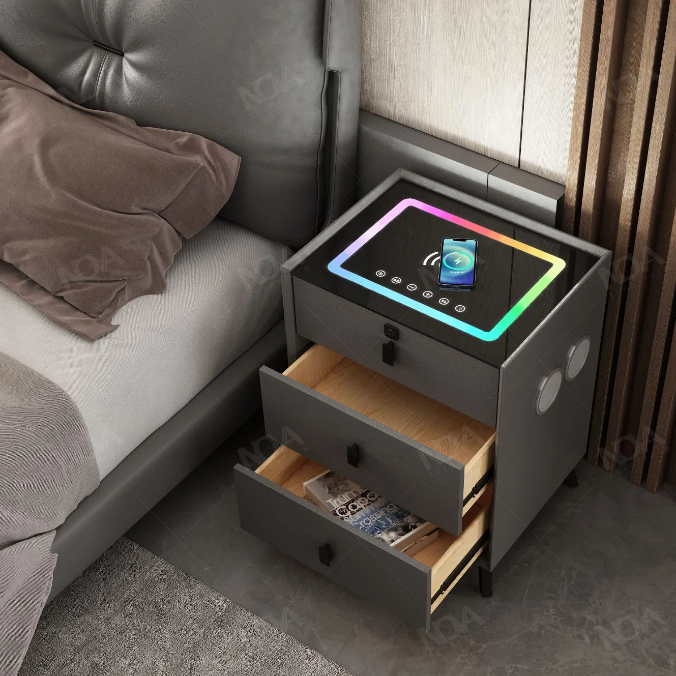 Nova Casa armario muebles Inteligentes Multifunción Mesilla de noche habitación de hotel Nightstands con conexión inalámbrica a la carga