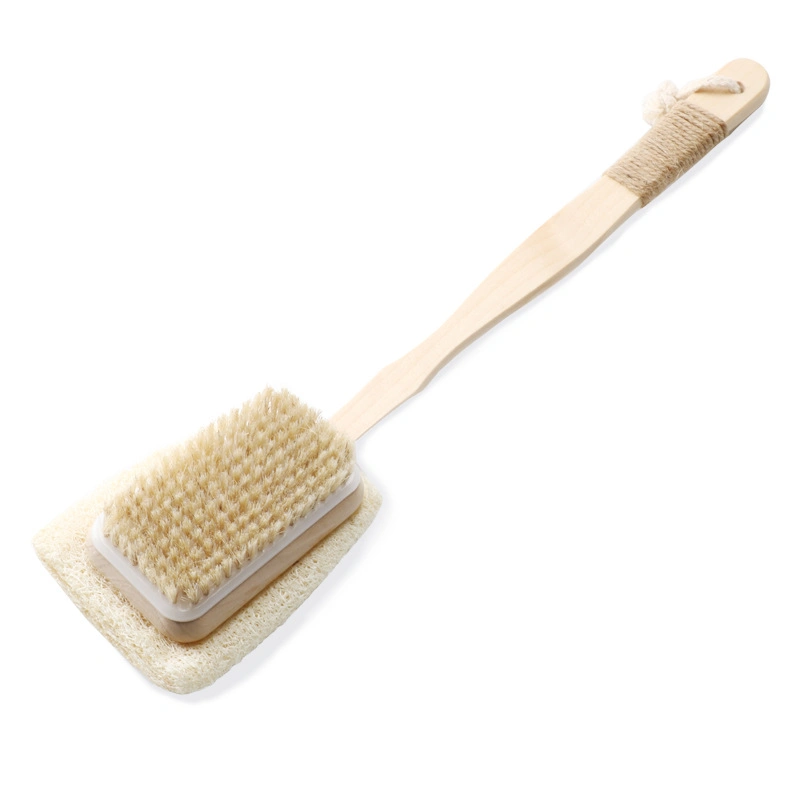 Rectangle Loofah Sponge Bristle Bath Brush with Long Wooden Handle