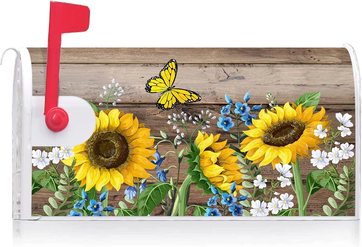 Sunflower Butterfly Wood Board Mailbox Cover with Magnetic Strip Spring Summer Flower Mailbox Wraps Post Letter Box Cover