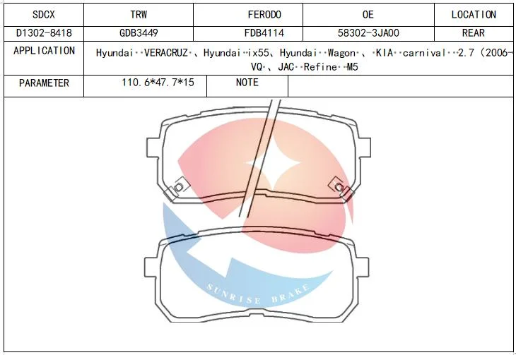 La plaquette de frein D1302-8418 Sdcx / 58302-3JA00 / 583023JA50 / D11239M11239 / D / D11391mh d'autres pièces Auto pour Kia Carnival / Hyundai Veracruz