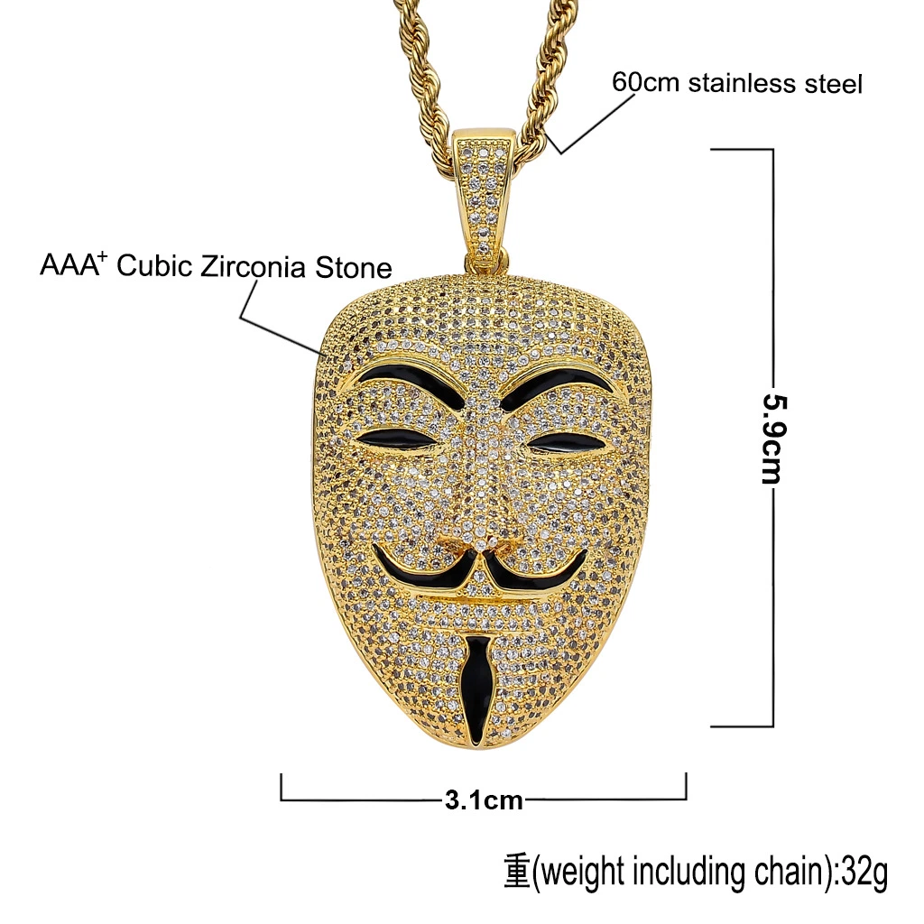 New Ice out Face Pendant Hip Hop Jewellery V for Vendetta Fashion CZ Stone Necklace for Man Women Gift OEM ODM Factory