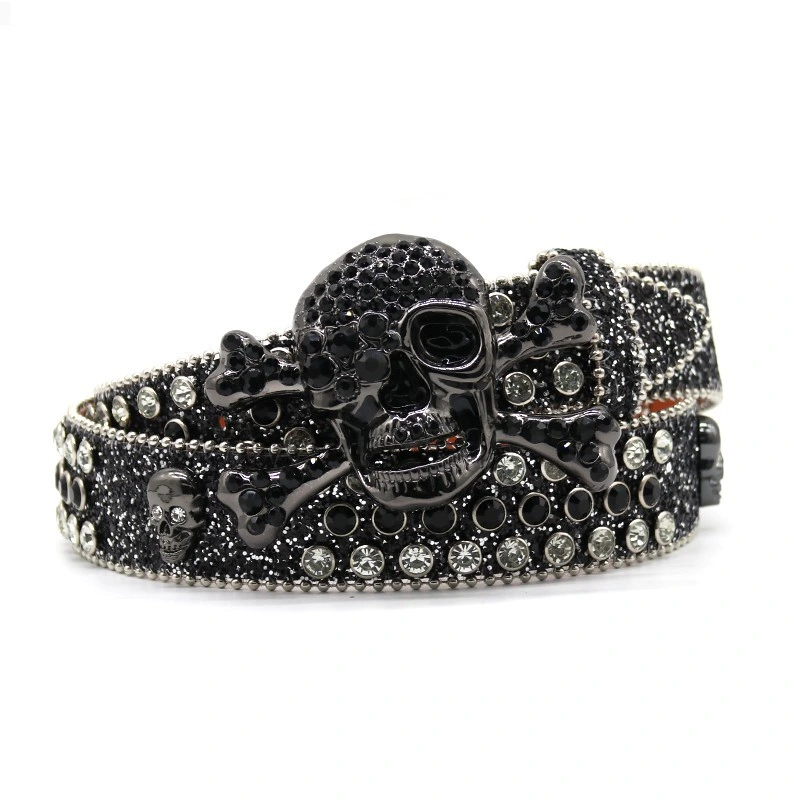 Retro Western Cowboy Bling Light Siam Black Rhinestone Belt Pumpkin Studded Belt with Custom Removable Skull Buckle