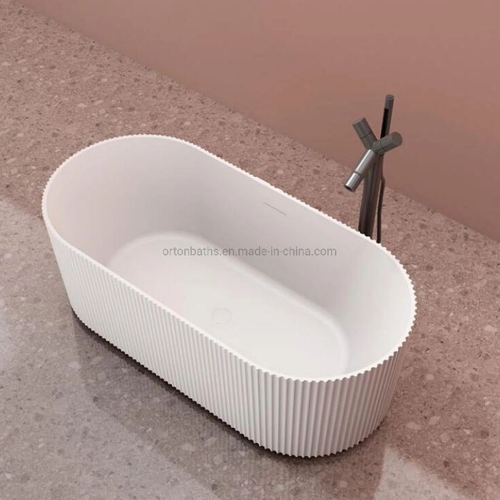 Ortonbath blanc ovale grande baignoire pour adultes salle de bains surface solide en acrylique Baignoire profonde sur pied avec débordement vertical du drain central Rainure