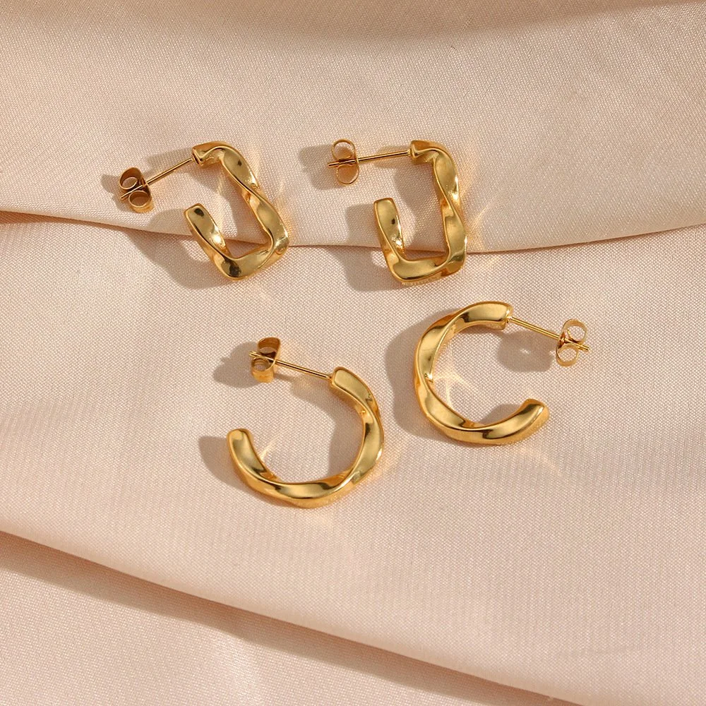 Factory Wholesale/Supplier High-Quality Female Fashion Jewelry 18K Gold-Plated Stainless Steel Wide Size Twisted Ring Earrings