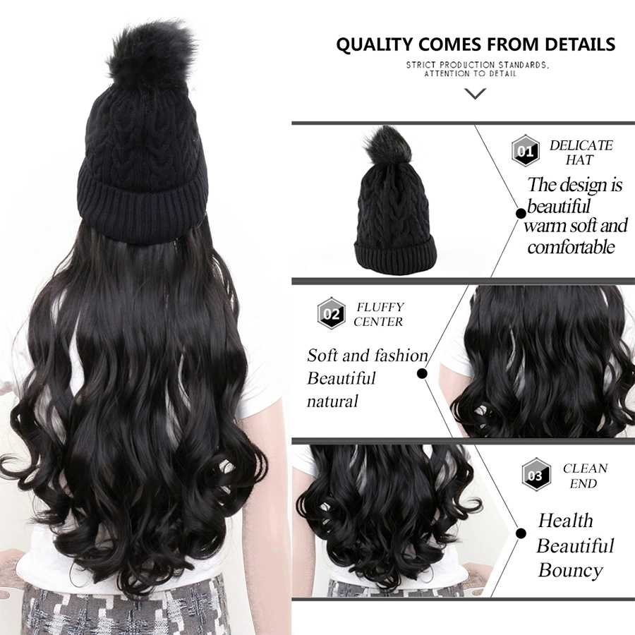 High quality/High cost performance  28inch Black Long Wig Hat Hair Synthetic Non-Detachable Knitted Hat Hair Extension for Women