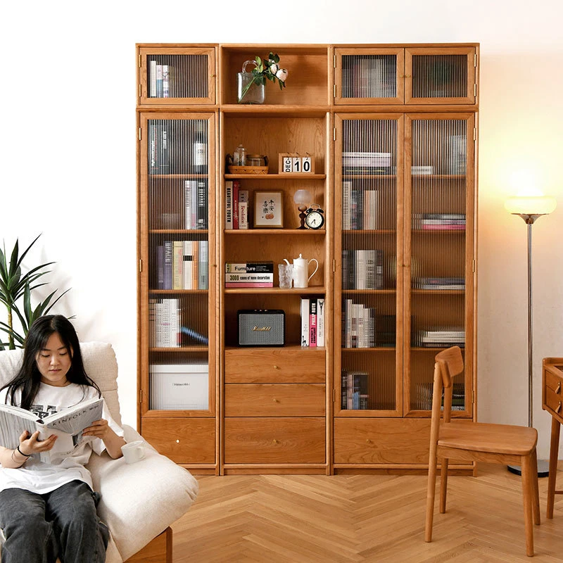 Todos los hogares japoneses estantería de madera maciza Paulownia piso al techo de estilo chino nueva libreria Vitrina con puerta de vidrio
