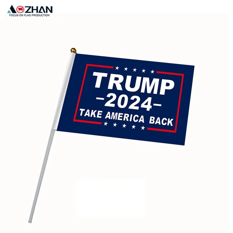 Trump Flag Promotional Custom Logo Printed PE Hand Flag with Wooden Pole