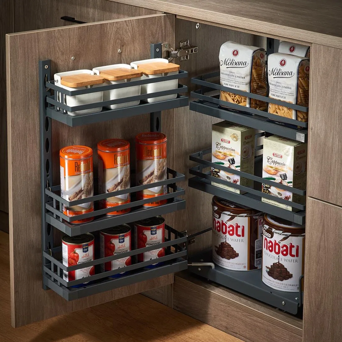 Wellmax 600mm 3 Schichten Eisendraht Holzkorb Küchenschrank Verknüpfter Speicher Organizer – Magic Corner-Regal Mit Weicher Schließung