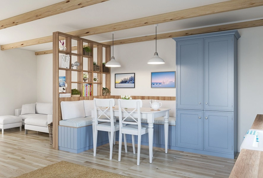 Blue Color Kitchen Cabinets with Plywood Counter Bench and 304 Sink