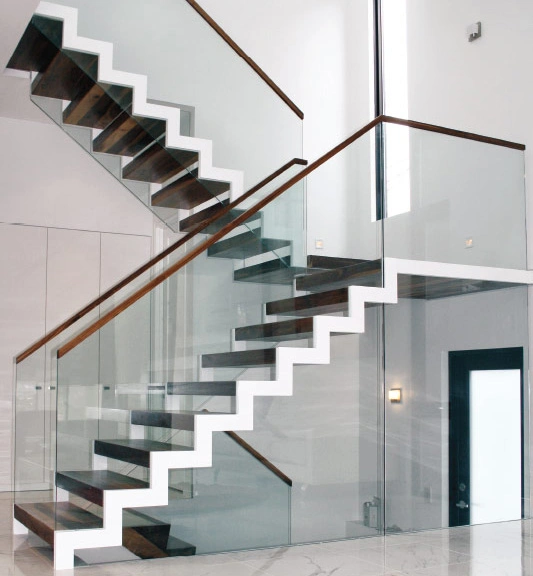 Double Steel Zig Zag Stringer Glass and Wood Step Staircase