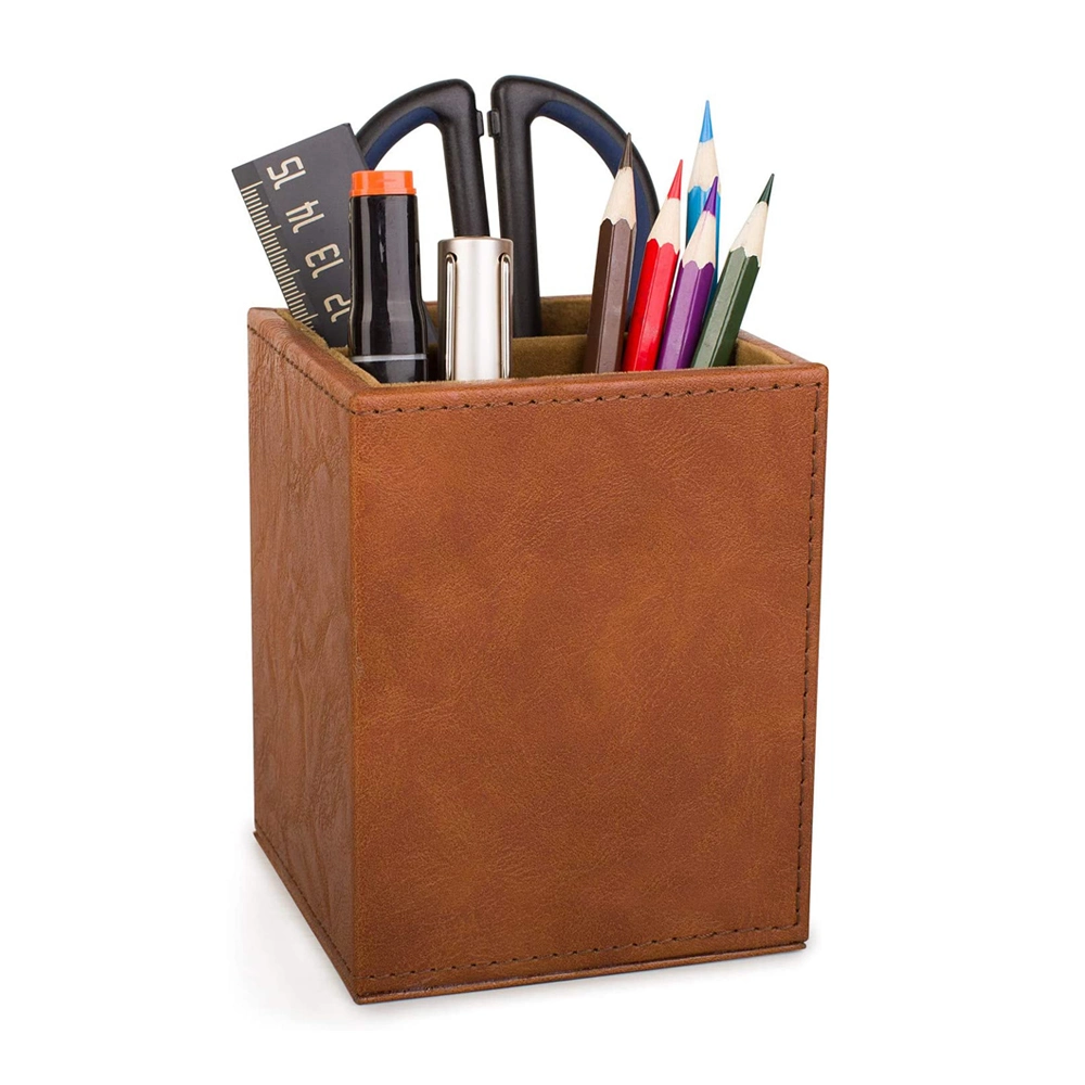 Stationery Multifunctional Square PU Leather Pen Pencil Holder