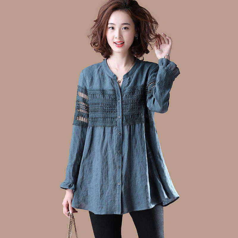 2020 Fashion Loose Hook Hollowed-out Linen-Cotton Shirt Blouse for Women